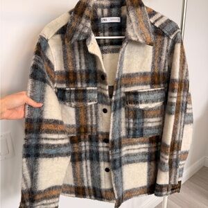 Zara Checkered Wool Jacket in Cream and Brown